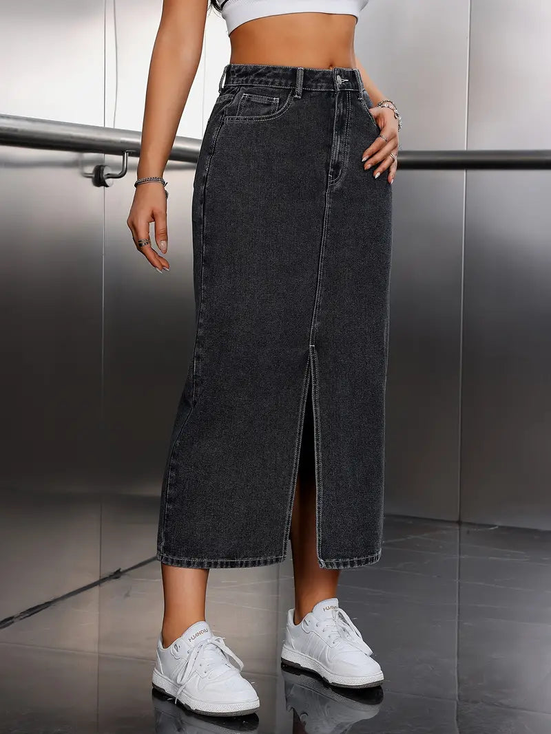 Vintage Y2K Button Front Split Hem Slim Fit Denim Skirt, Women's Denim