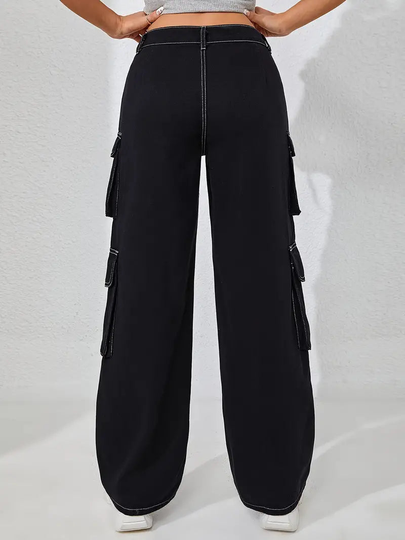 Women's Black Color Denim Cargo Pants - Multiple Pockets