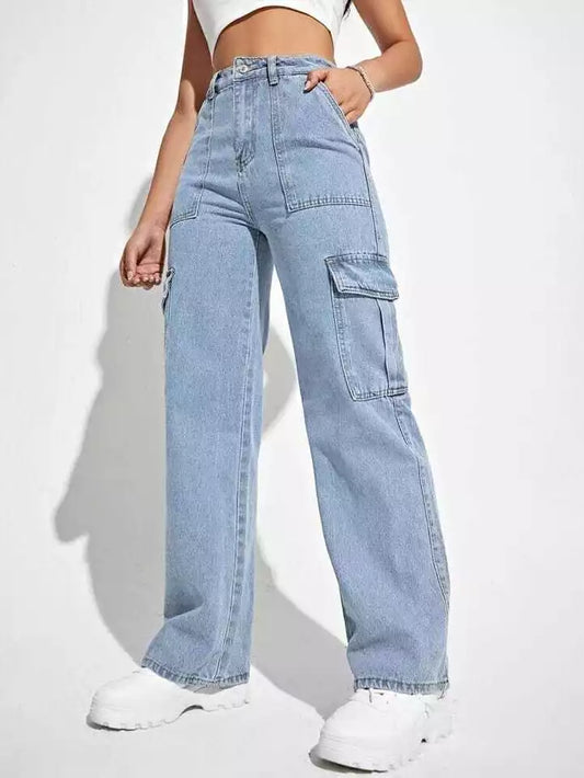 High Waisted Flap Pocket Cargo Jean